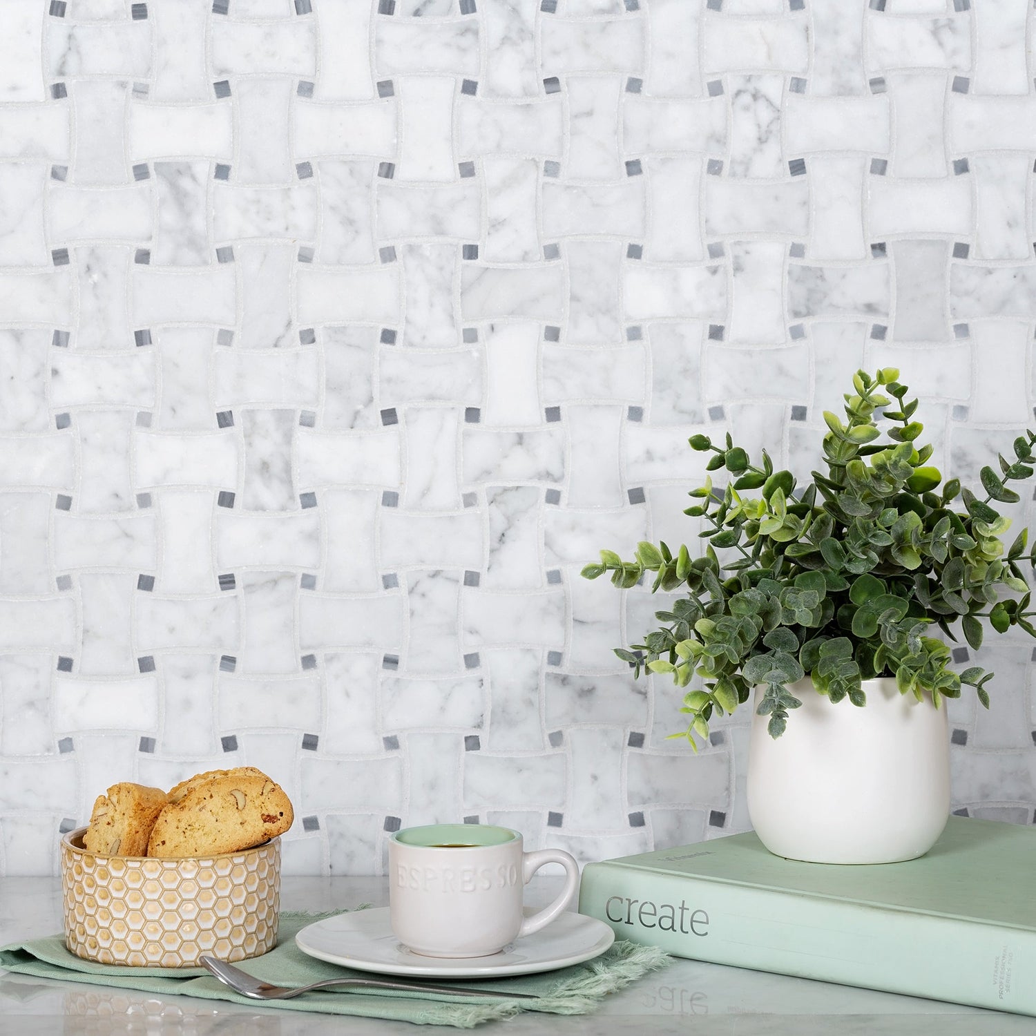 White 12x12 Polished Basketweave Marble Mosaic Tile (5 pack, 5 sq ft/case) - Sample