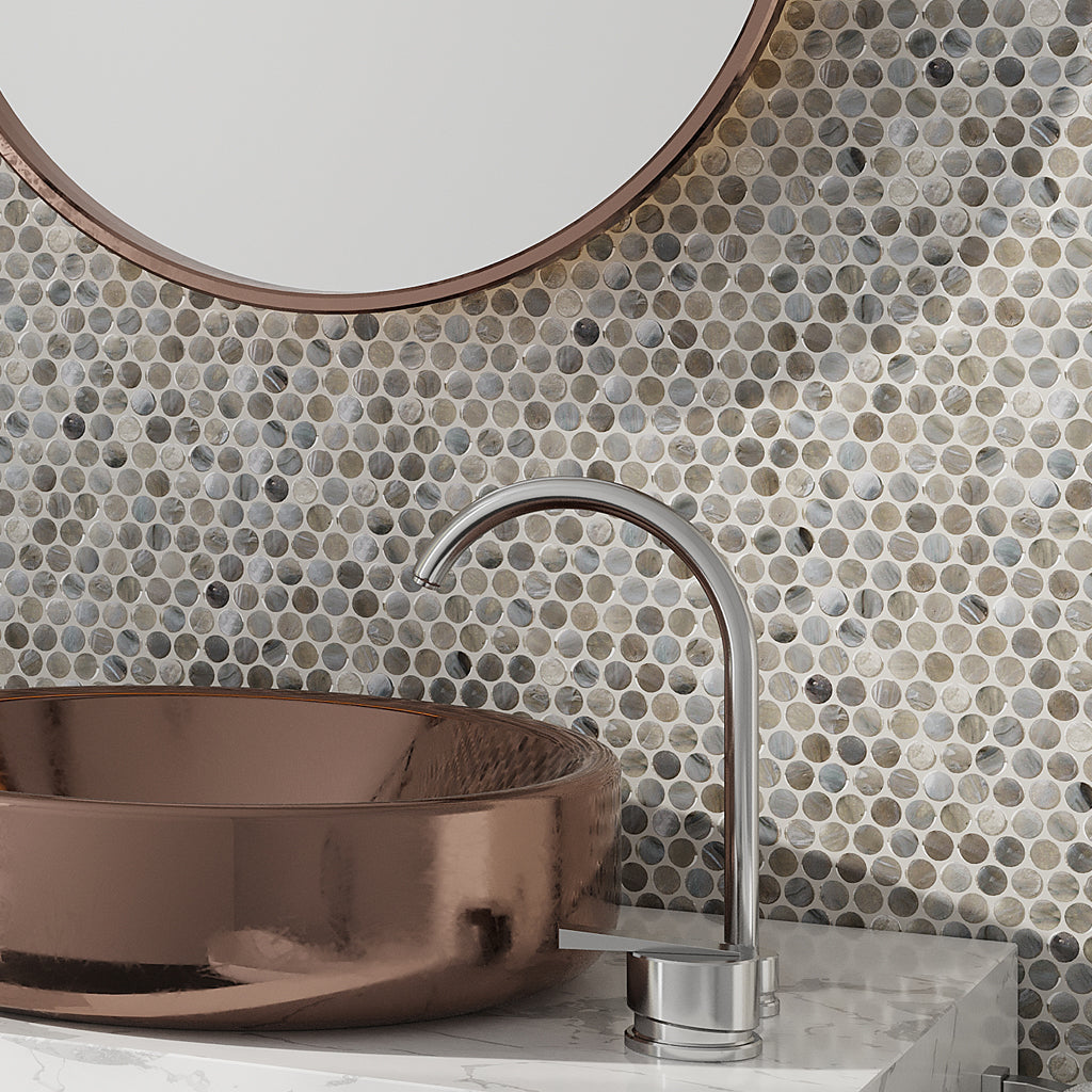 Apollo Tile (Sample) Colorway Light Gray 4-in x 4-in Glossy Glass Penny Round Mosaic Floor and Wall Tile