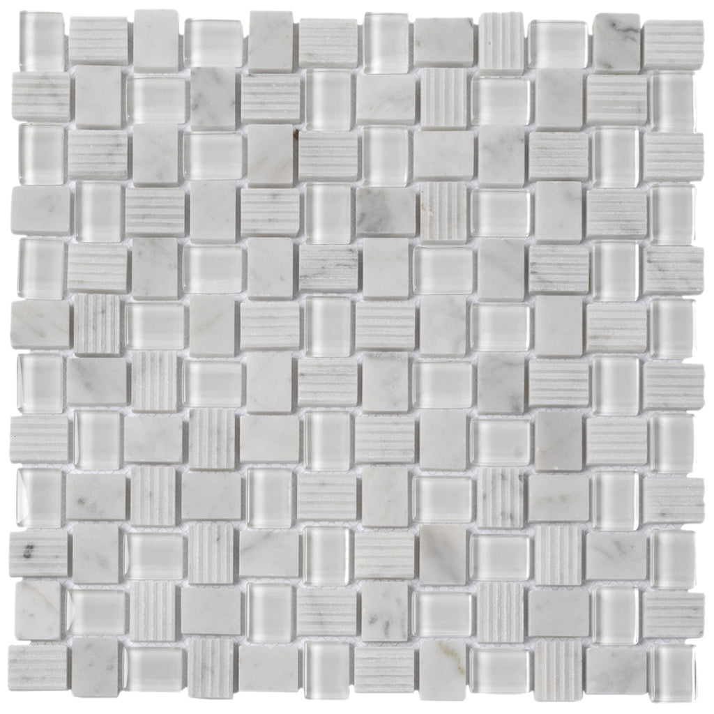 White 12x12 Polished Etched Brick Glass Marble Mosaic Tile (5 pack, 4.83 sq ft/case) - Sample