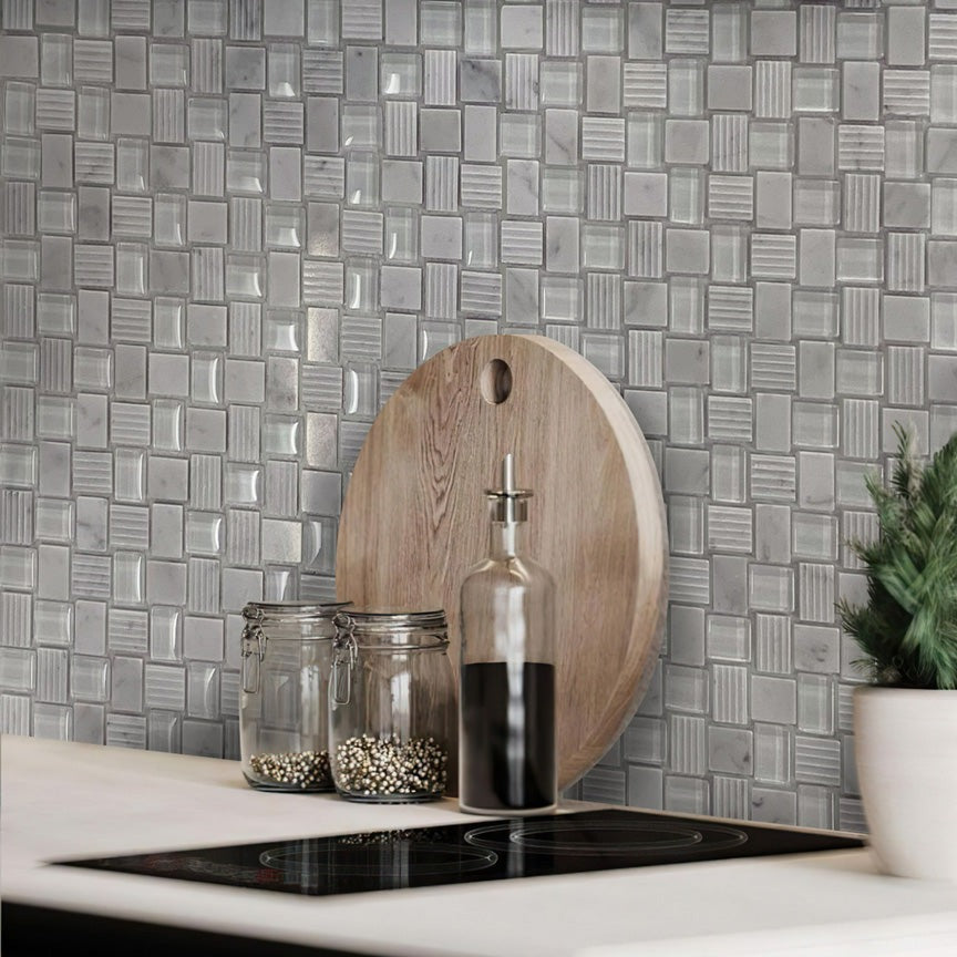 White 12x12 Polished Etched Brick Glass Marble Mosaic Tile (5 pack, 4.83 sq ft/case) - Sample