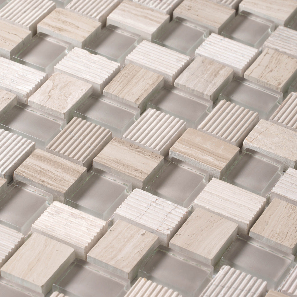 Gray 12x12 Polished Etched Brick Glass Marble Mosaic Tile (5 pack, 4.83 sq ft/case) - Sample