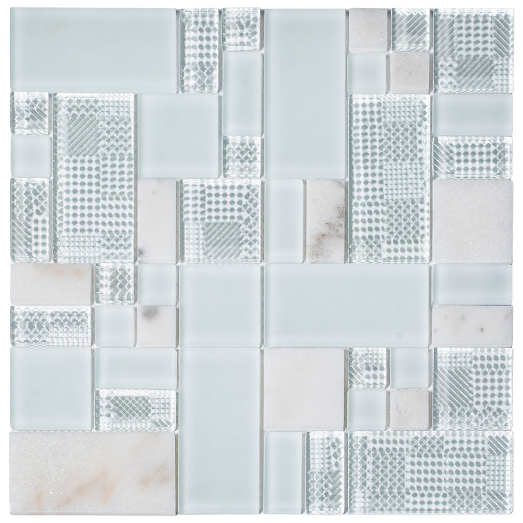 Pearl White 12x12 Polished Matte Textured Multi-shaped Glass Stone Mosaic Tile (5 pack, 4.75 sq ft/case) - Sample