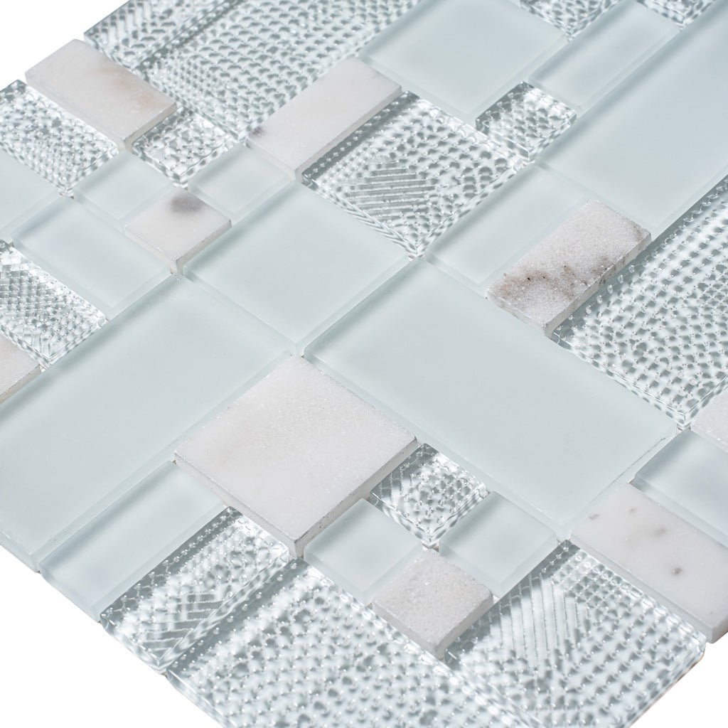 Pearl White 12x12 Polished Matte Textured Multi-shaped Glass Stone Mosaic Tile (5 pack, 4.75 sq ft/case) - Sample