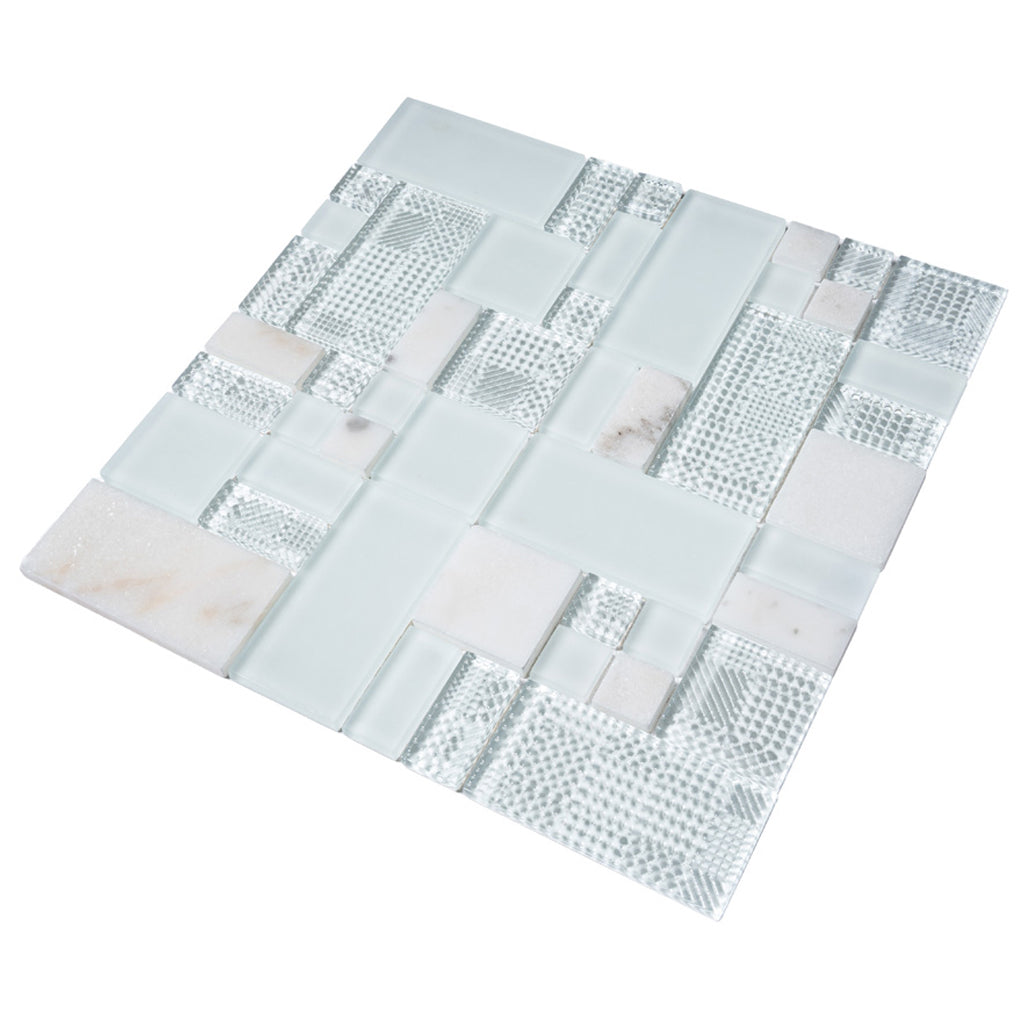 Pearl White 12x12 Polished Matte Textured Multi-shaped Glass Stone Mosaic Tile (5 pack, 4.75 sq ft/case) - Sample
