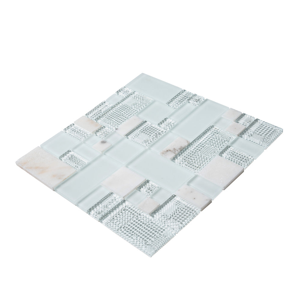 Pearl White 12x12 Polished Matte Textured Multi-shaped Glass Stone Mosaic Tile (5 pack, 4.75 sq ft/case) - Sample