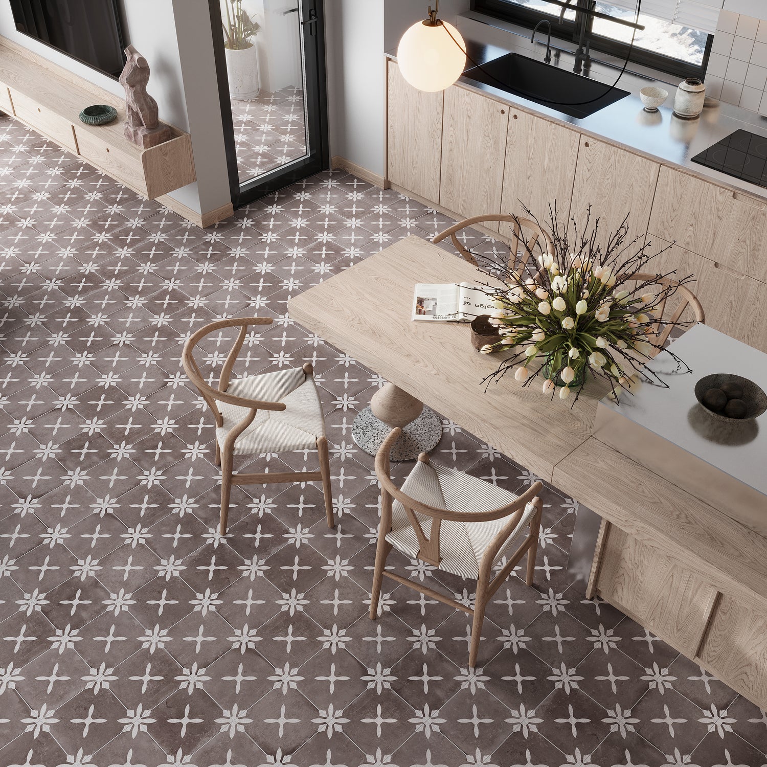 Terracotta Brown 9x9 Matte, Glossy Floral Square Porcelain Tile (13 pack, 6.96 sq ft/case)