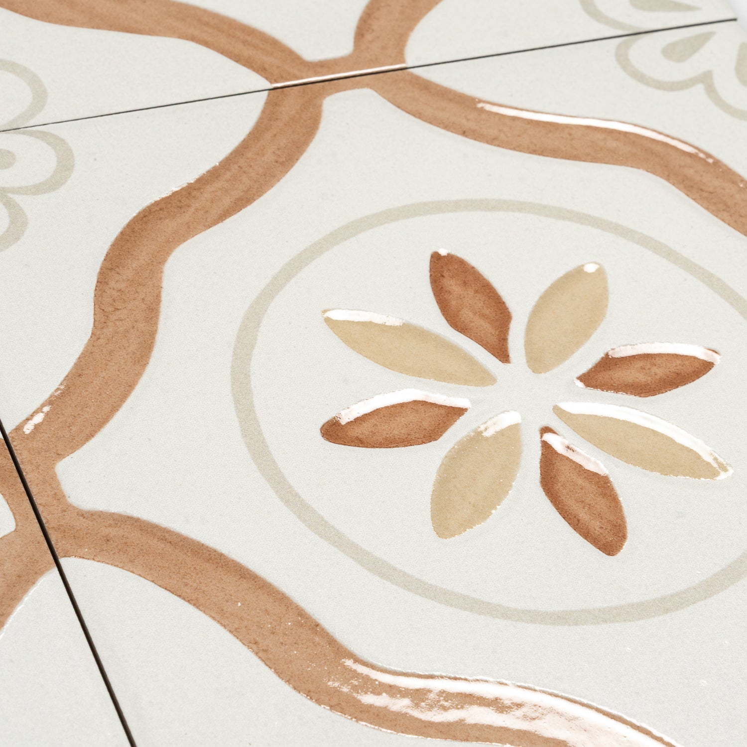 Clay off-white 9x9 Matte, Glossy Floral Square Porcelain Tile (13 pack, 6.96 sq ft/case)