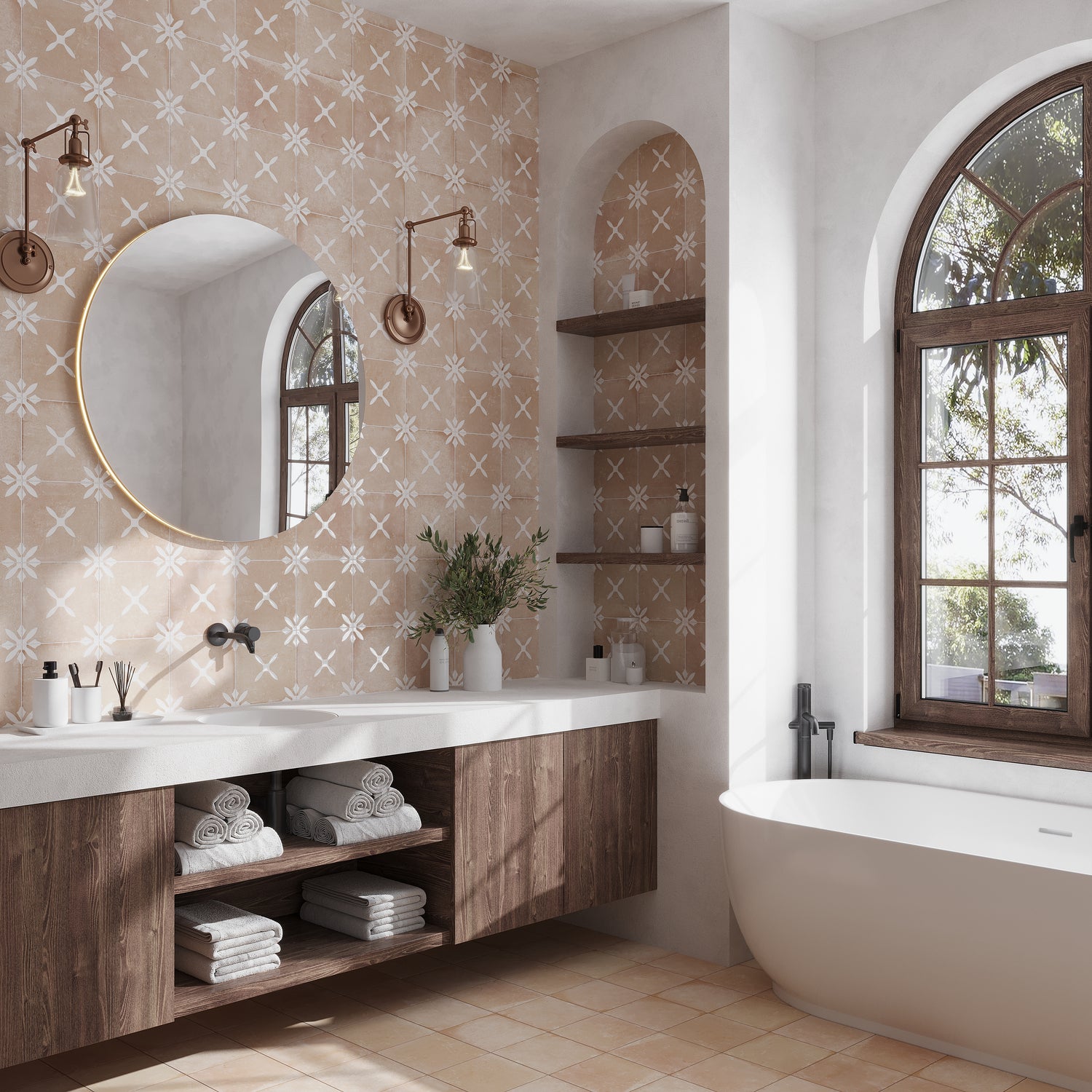 Terracotta Beige 9x9 Matte, Glossy Floral Square Porcelain Tile (13 pack, 6.96 sq ft/case)