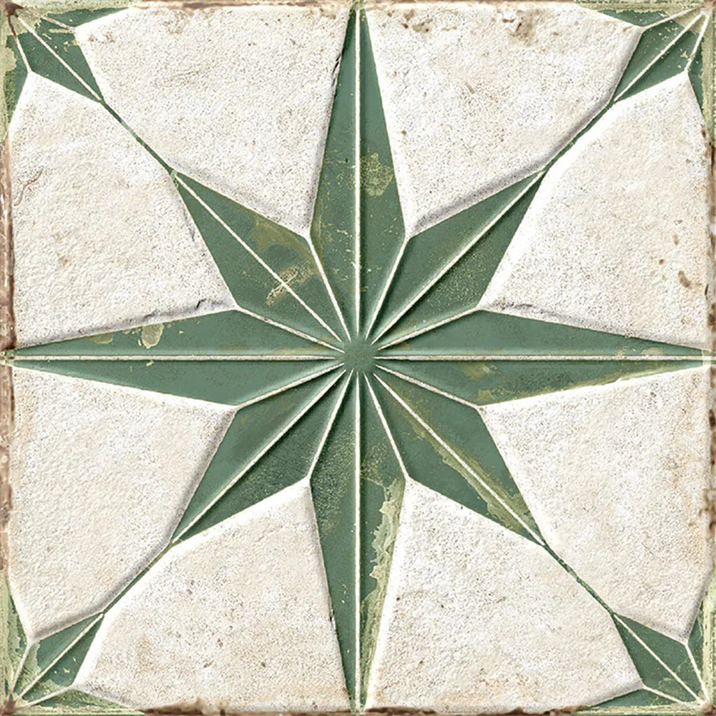 Palmera 9x9 Green White Porcelain Star Square Wall and Floor Tile (13 Pack, 6.96 sq ft/case) - Sample