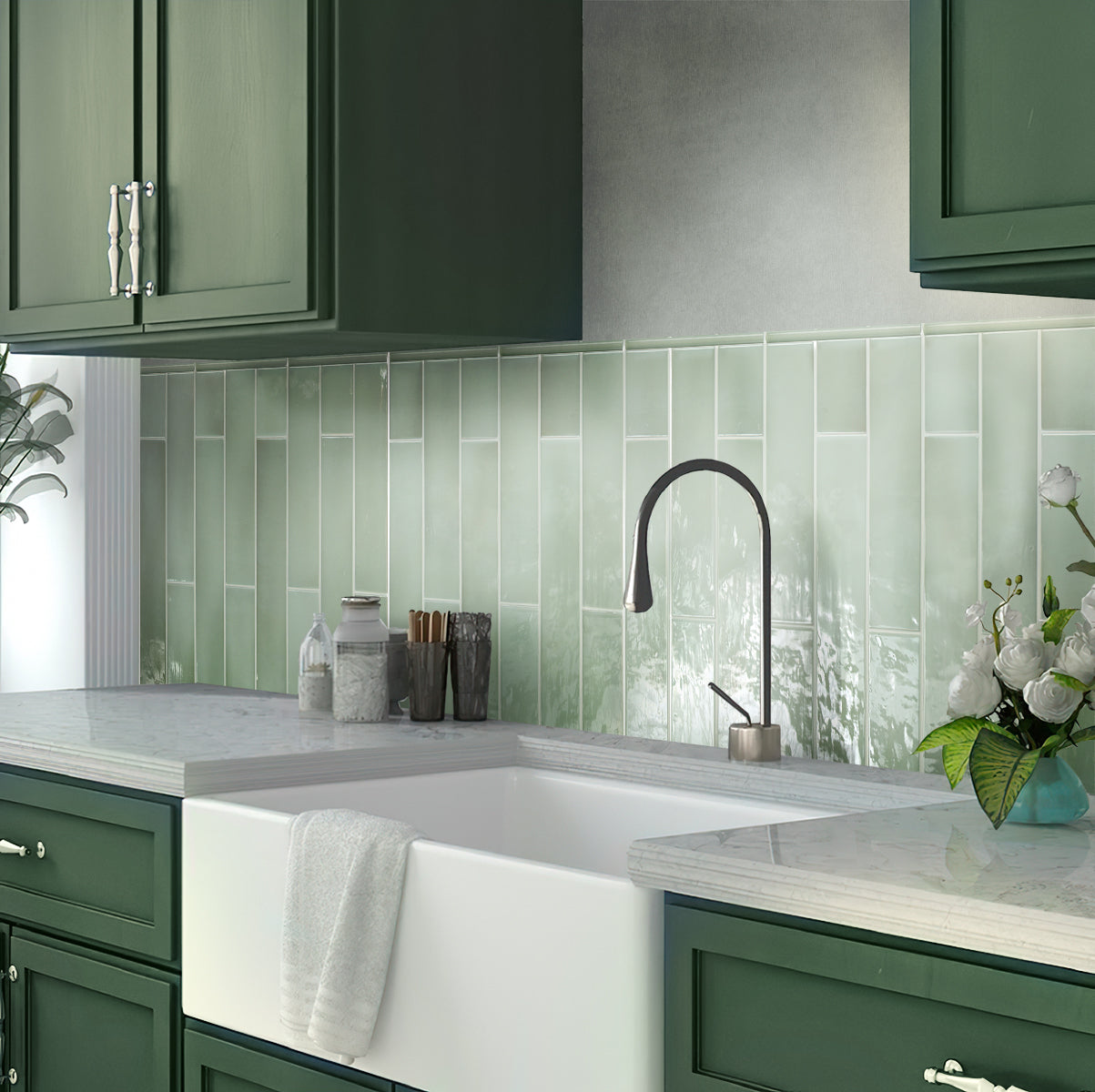 Tea Green 0.5x8 Glossy Ceramic Pencil Tile Trim (10 pack, 0.3 sq ft/case)