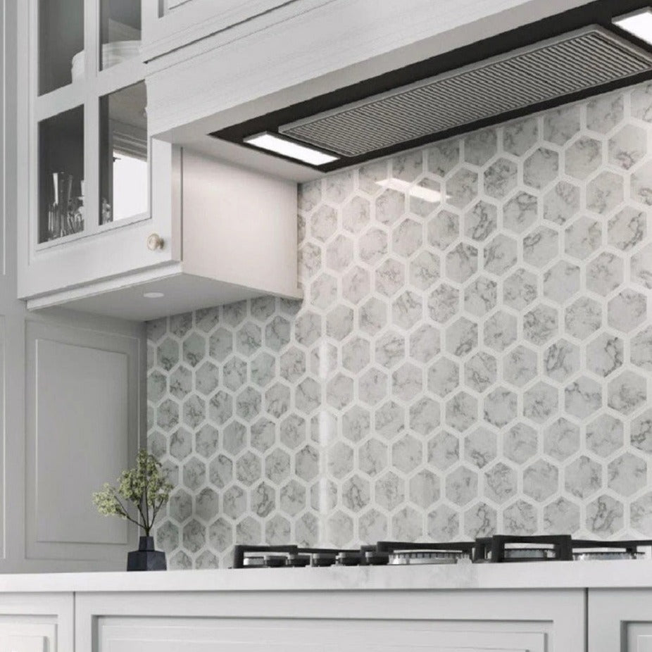 White Gray 10x12 Polished Hexagon Bianco Carrara Thassos Marble Mosaic Tile (5 pack, 4.34 sq ft/case)