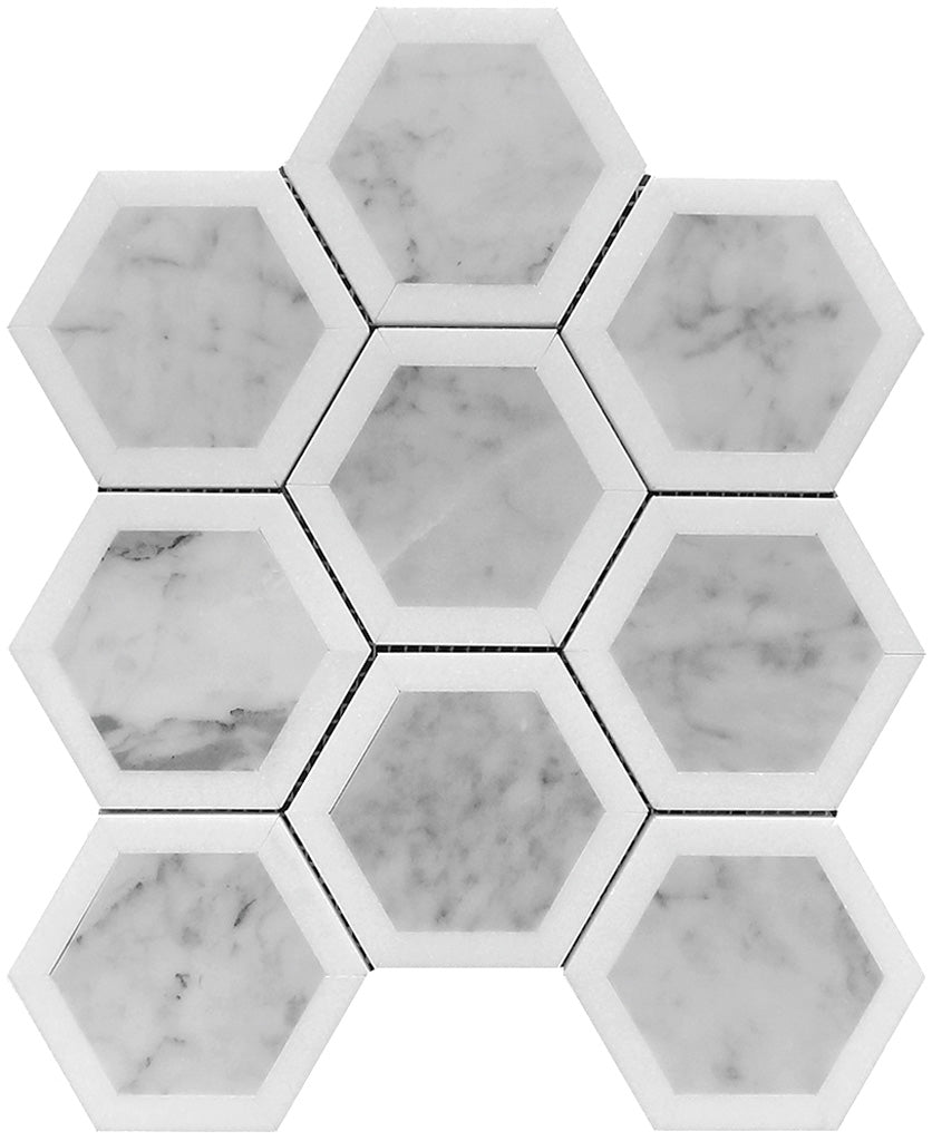 White Gray 10x12 Polished Hexagon Bianco Carrara Thassos Marble Mosaic Tile (5 pack, 4.34 sq ft/case)