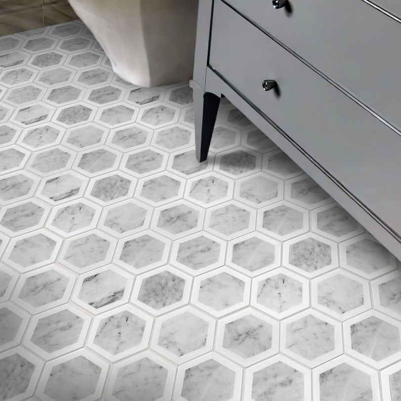 White Gray 10x12 Polished Hexagon Bianco Carrara Thassos Marble Mosaic Tile (5 pack, 4.34 sq ft/case)