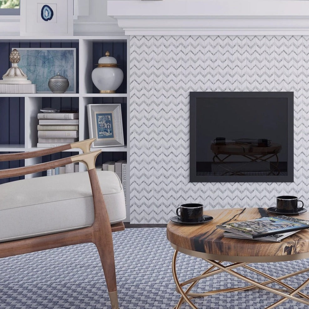 White Gray 10x12 Polished Herringbone Marble Mosaic Tile (5 pack, 4.3 sq ft/case) - Sample