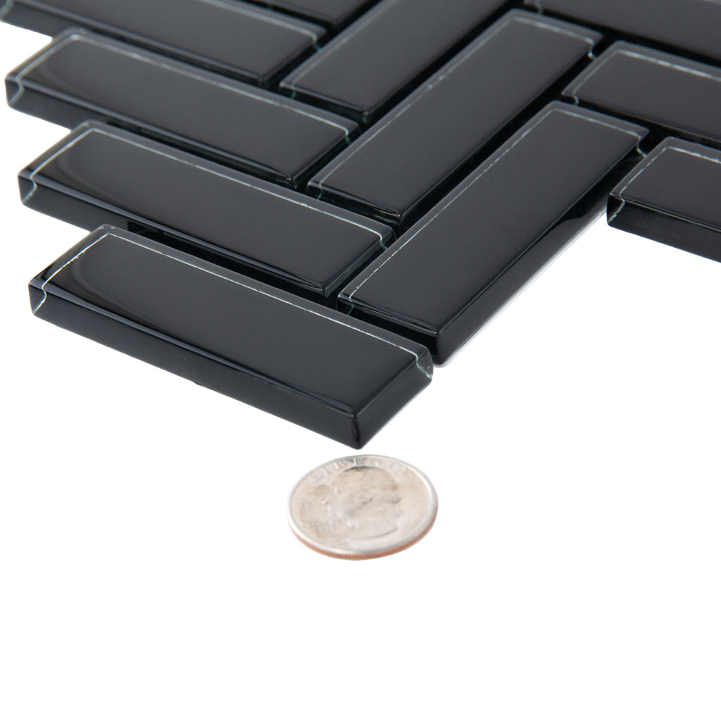 Black Herringbone Polished Glass Tile