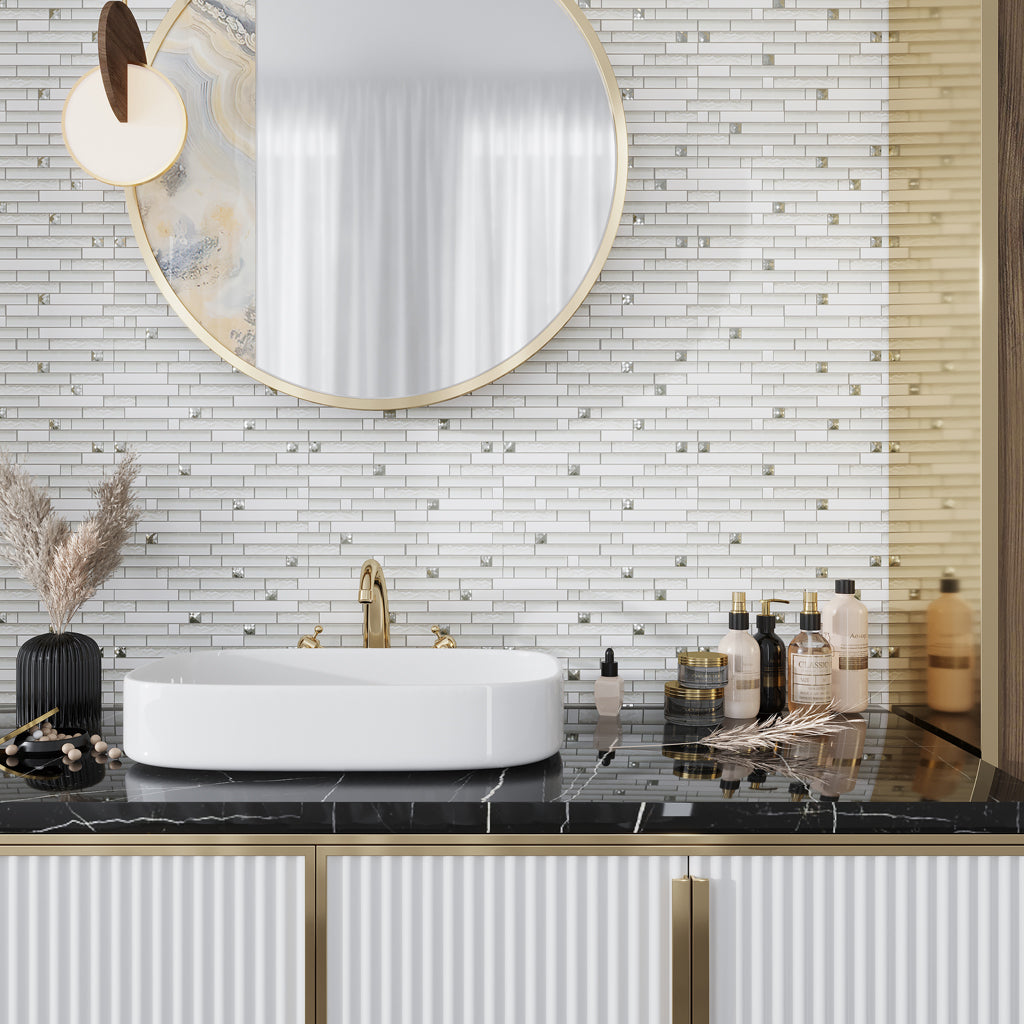 White 12x12 Glossy Matte Brick Glass Mosaic Tile (5 pack, 4.83 sq ft/case) - Sample