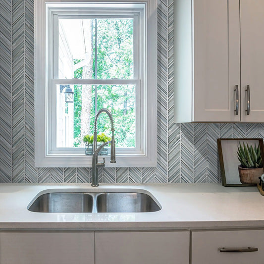 White Blue 10x10 Glossy Matte Herringbone Glass Mosaic Tile (5 pack, 3.76 sq ft/case) - Sample