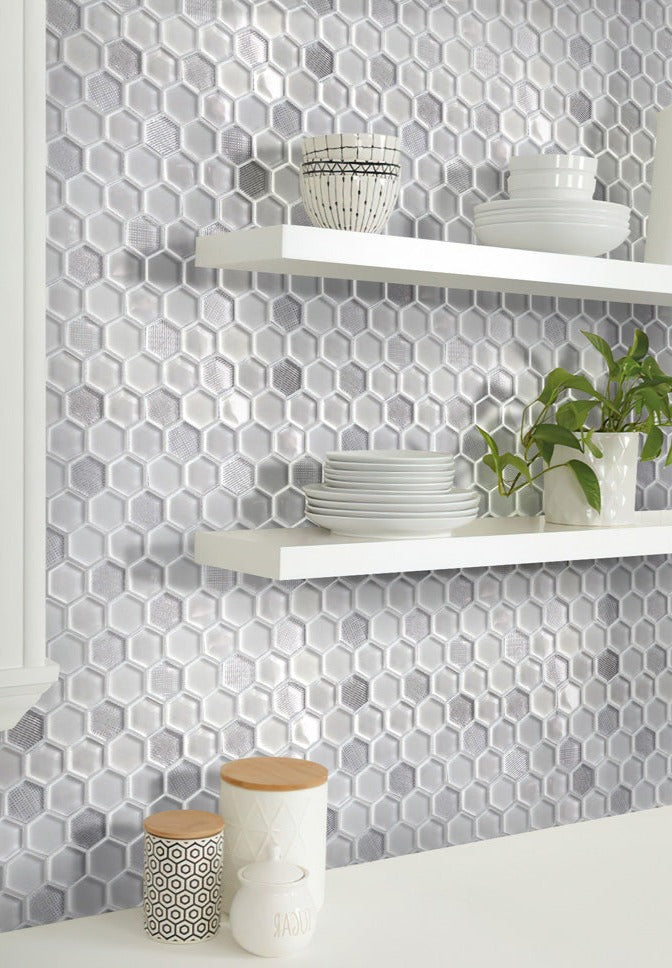 White 12x12 Hexagon Glossy Matte Glass Mosaic Tile (5 pack, 4.83 sq ft/case) - Sample