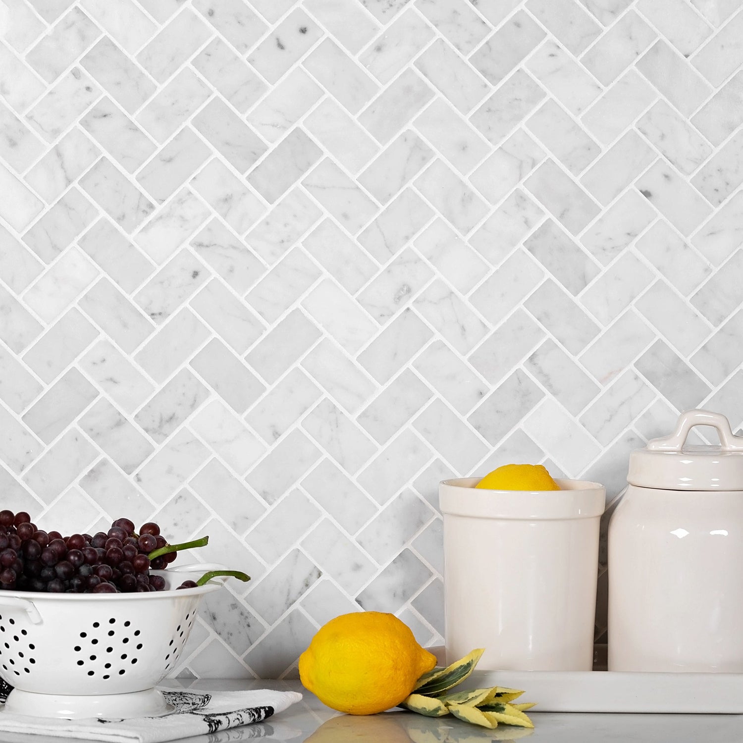 White 12x12 Polished Herringbone Marble Mosaic Tile (5 pack, 4.83 sq ft/case) - Sample