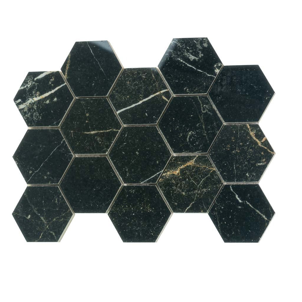 Sable Black 9x13 Polished Hexagon Porcelain Mosaic Tile (9 pack, 7.09 sq ft/case) - Sample
