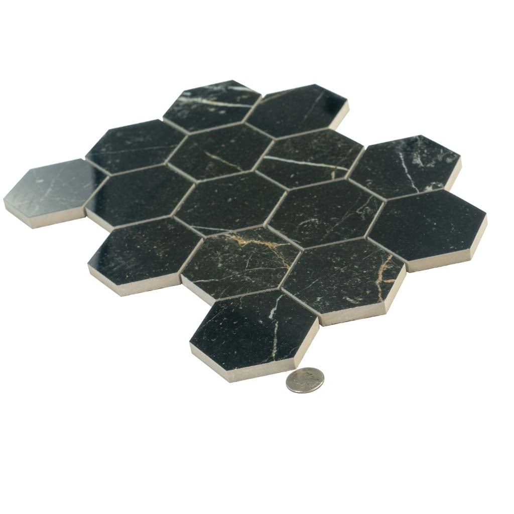 Sable Black 9x13 Polished Hexagon Porcelain Mosaic Tile (9 pack, 7.09 sq ft/case) - Sample