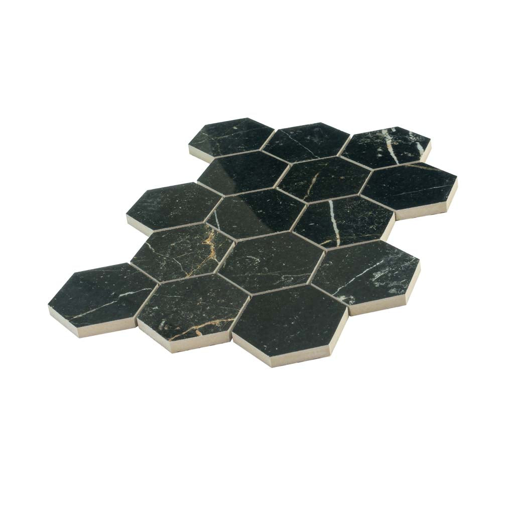 Sable Black 9x13 Polished Hexagon Porcelain Mosaic Tile (9 pack, 7.09 sq ft/case) - Sample
