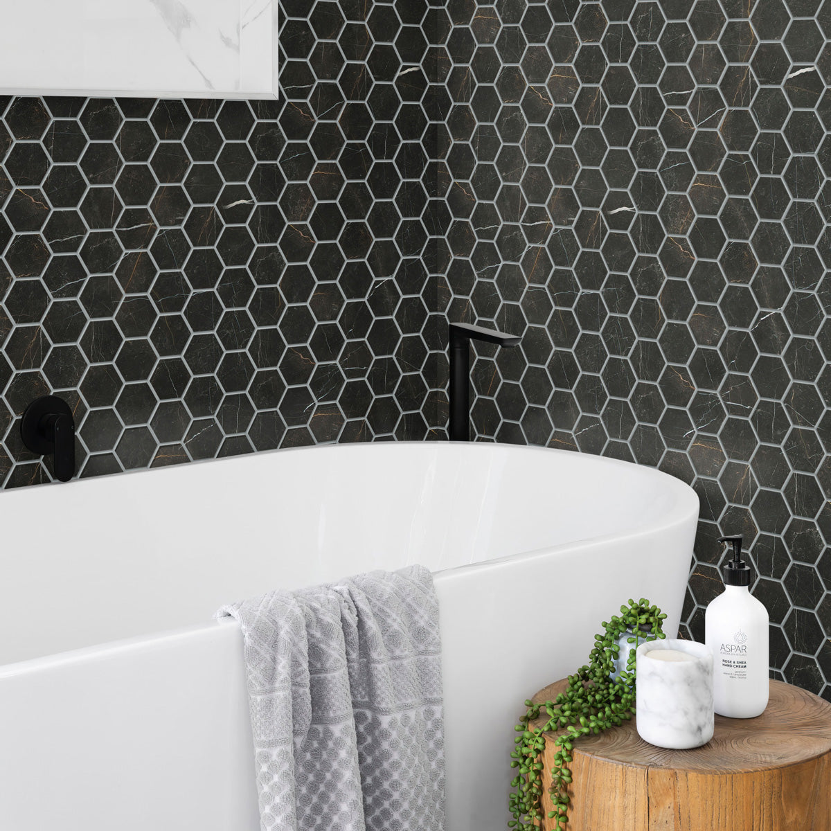 Sable Black 9x13 Polished Hexagon Porcelain Mosaic Tile (9 pack, 7.09 sq ft/case) - Sample