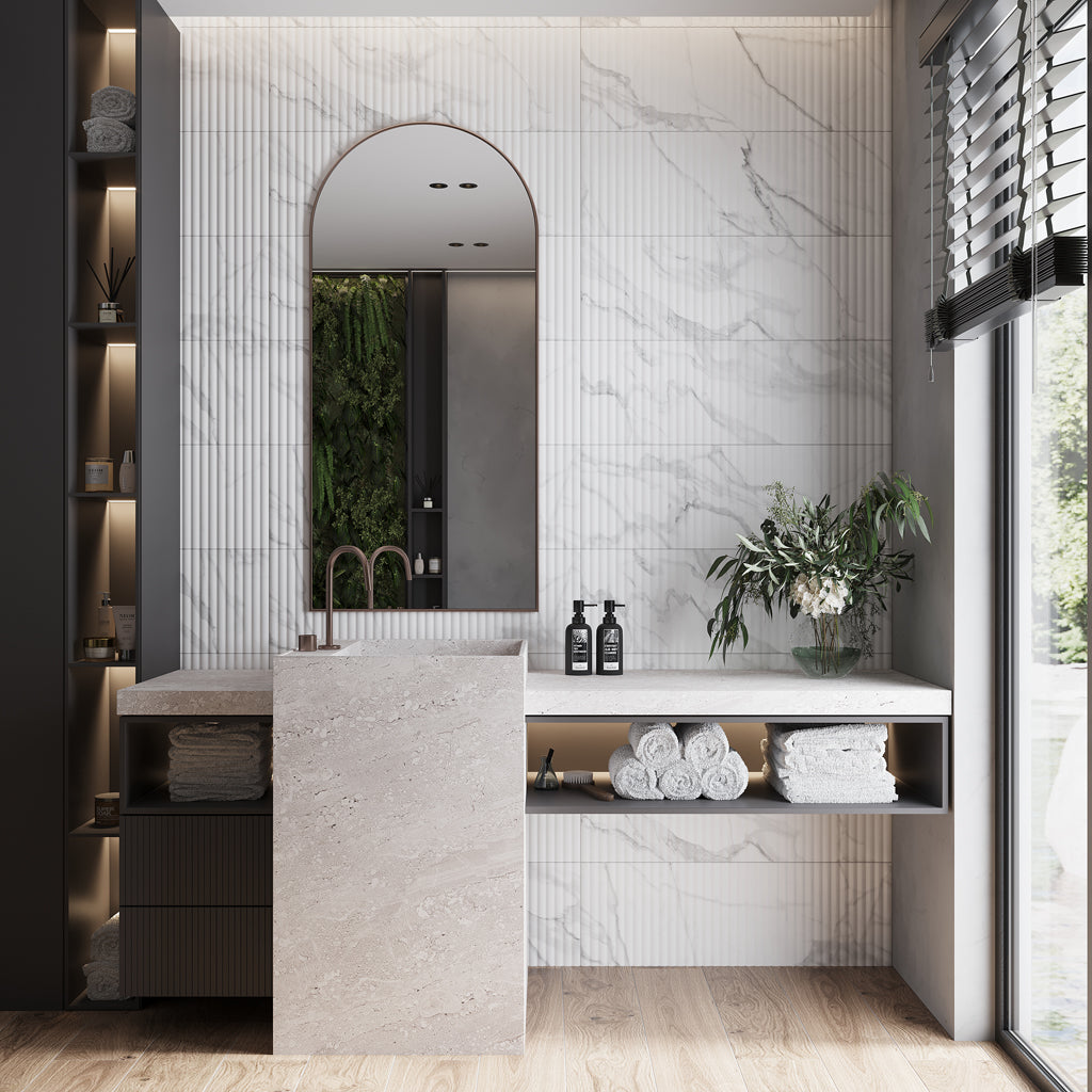 White 12x36 Matte Fluted Ceramic Large Format Tile (4 pack, 11.63 sq ft/case)