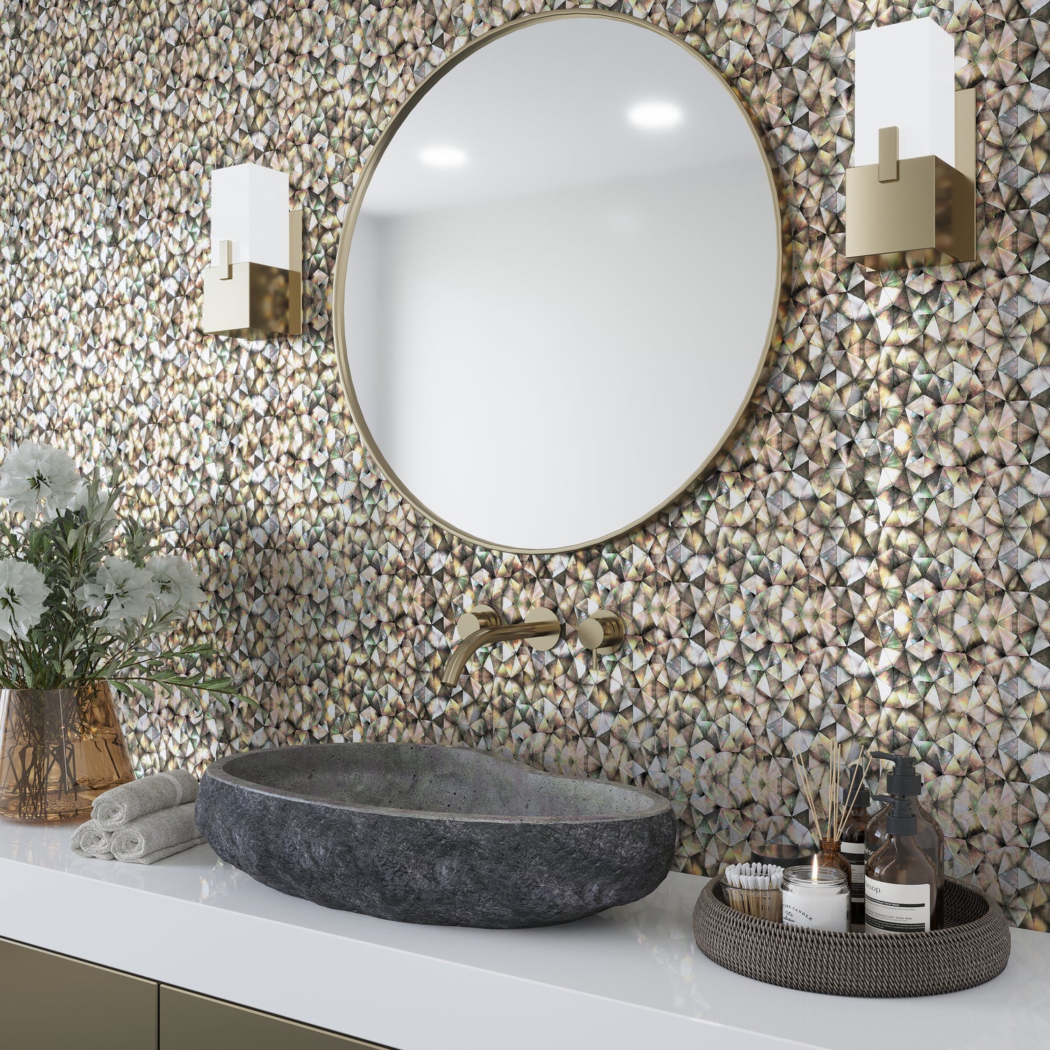 Beige 12x12 Polished Herringbone Shell Mosaic Tile (20 pack, 19.33 sq ft/case) - Sample