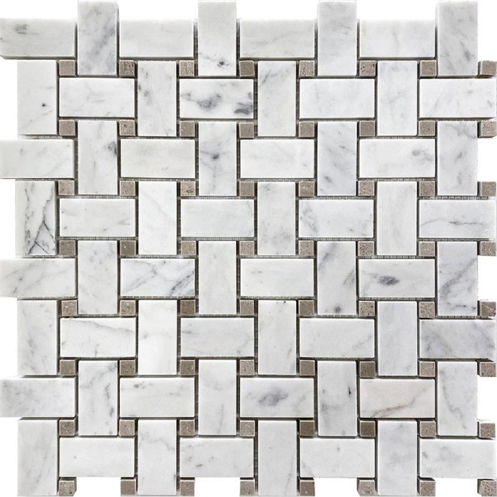 White 12x12 Basketweave Polished Marble Mosaic Tile (5 pack, 5 sq ft/case) - Sample