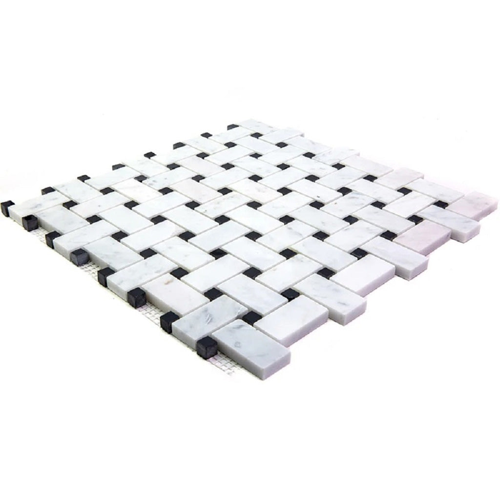 White 12x12 Polished Marble Basketweave Mosaic Tile (5 pack, 5 sq ft/case) - Sample