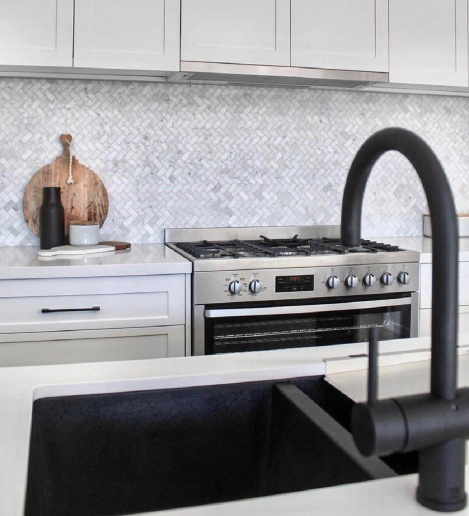 White Herringbone Polished Marble Mosaic Tile