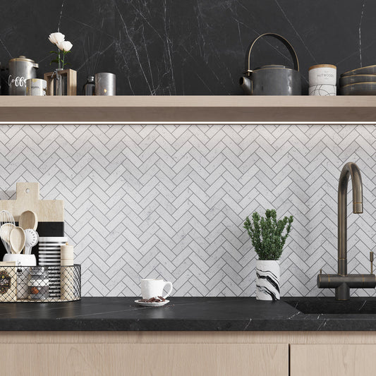 White 12x12 Honed Herringbone Marble Mosaic Tile (5 pack, 5.29 sq ft/case) - Sample