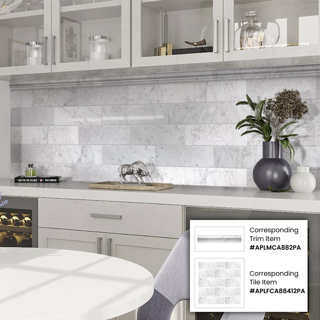 White 2x12 Polished Marble Round Chair Rail Tile Trim (10 pack, 1.667 sq ft/case) - Sample