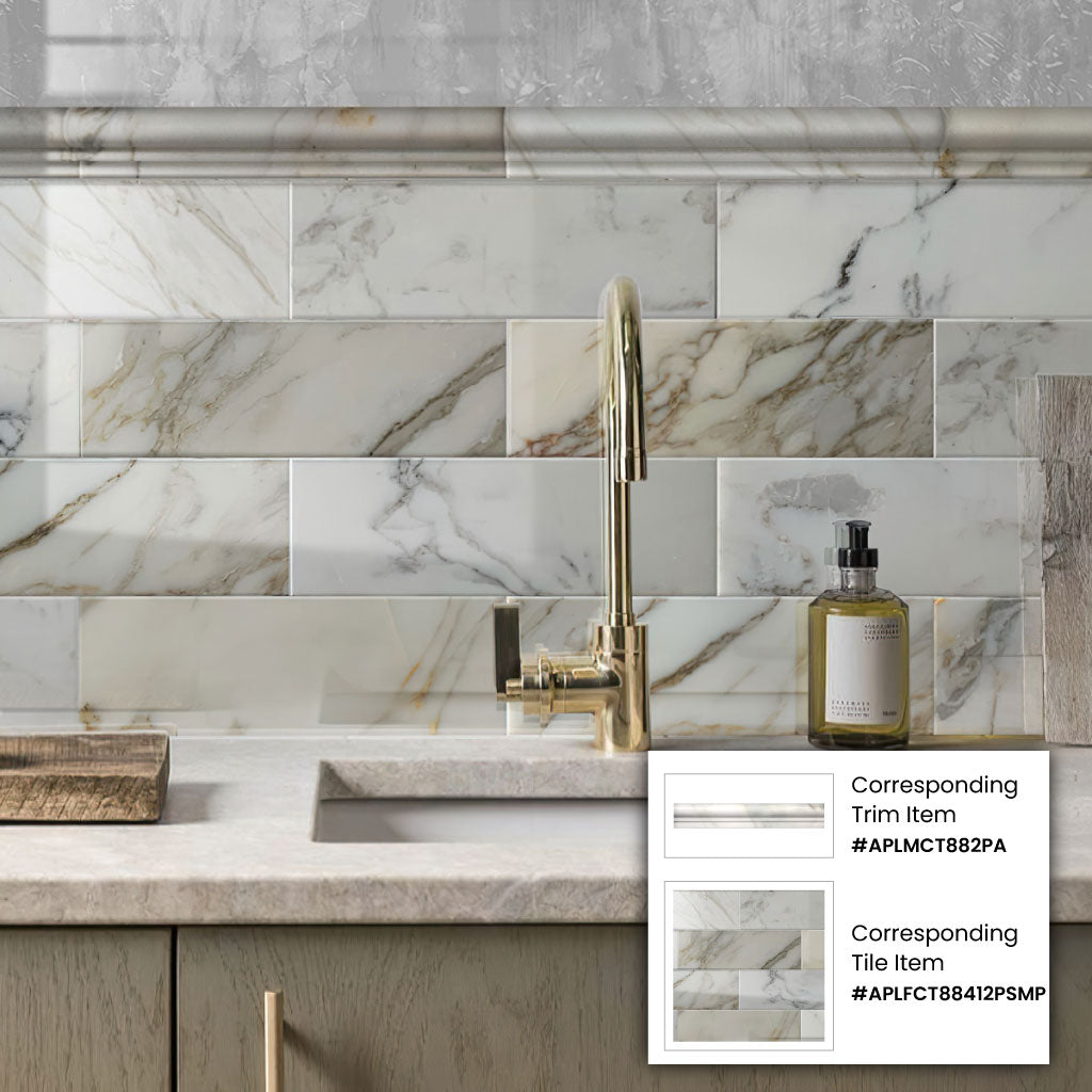 White 2x12 Polished Marble Chair Rail Round Tile Trim (10 pack, 1.667 sq ft/case) - Sample