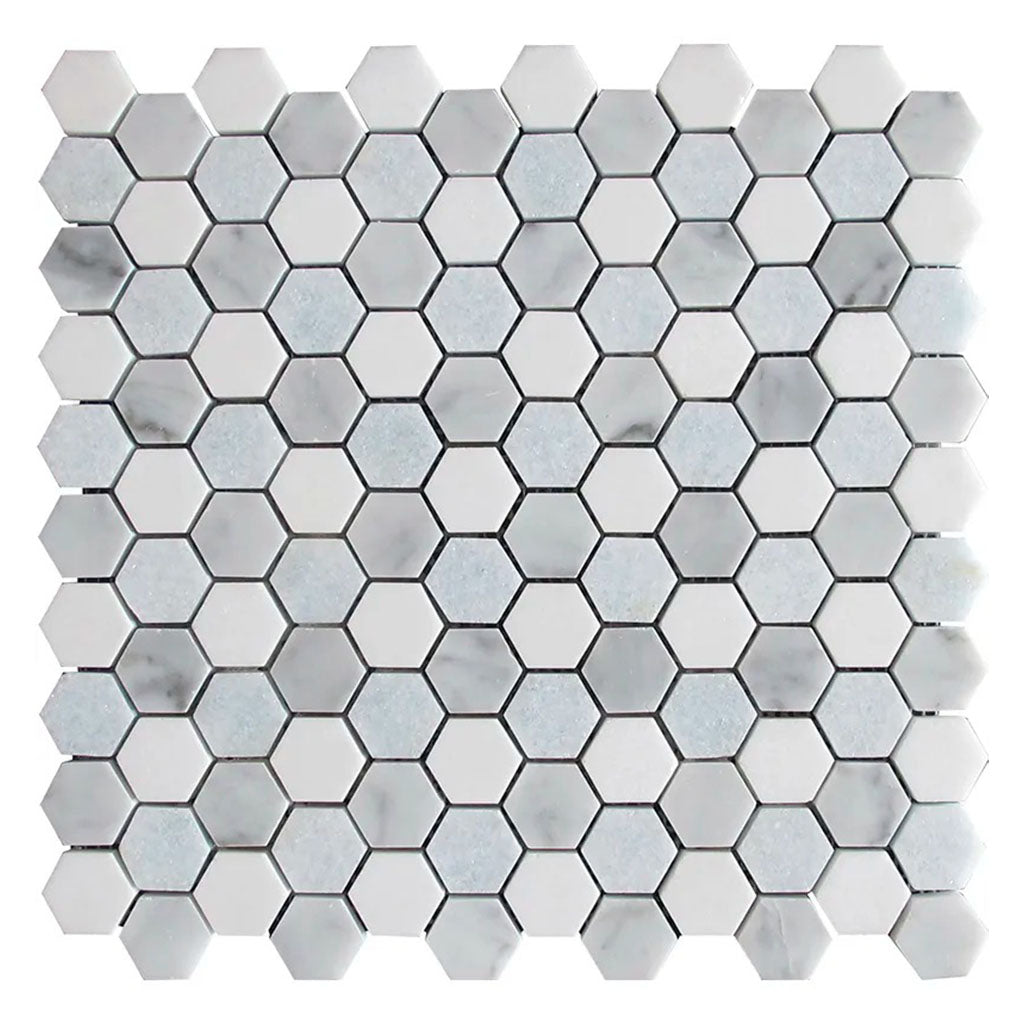 Pristine White Gray 11x12 Polished Hexagon Thassos Carrara Blue Celeste Marble Mosaic Tile (5 pack, 4.59 sq ft/case)