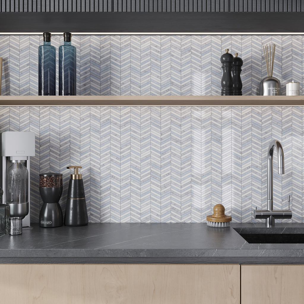 Thassos Bianco Carrara Blue Celeste 12x12 Polished Chevron Marble Mosaic Tile (5 pack, 5 sq ft/case)