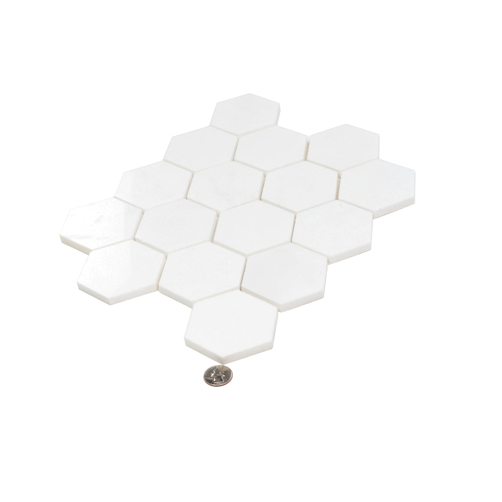 Snow White 10x12 Polished Hexagon Thassos Marble Mosaic Tile (5 pack, 4.46 sq ft/case)