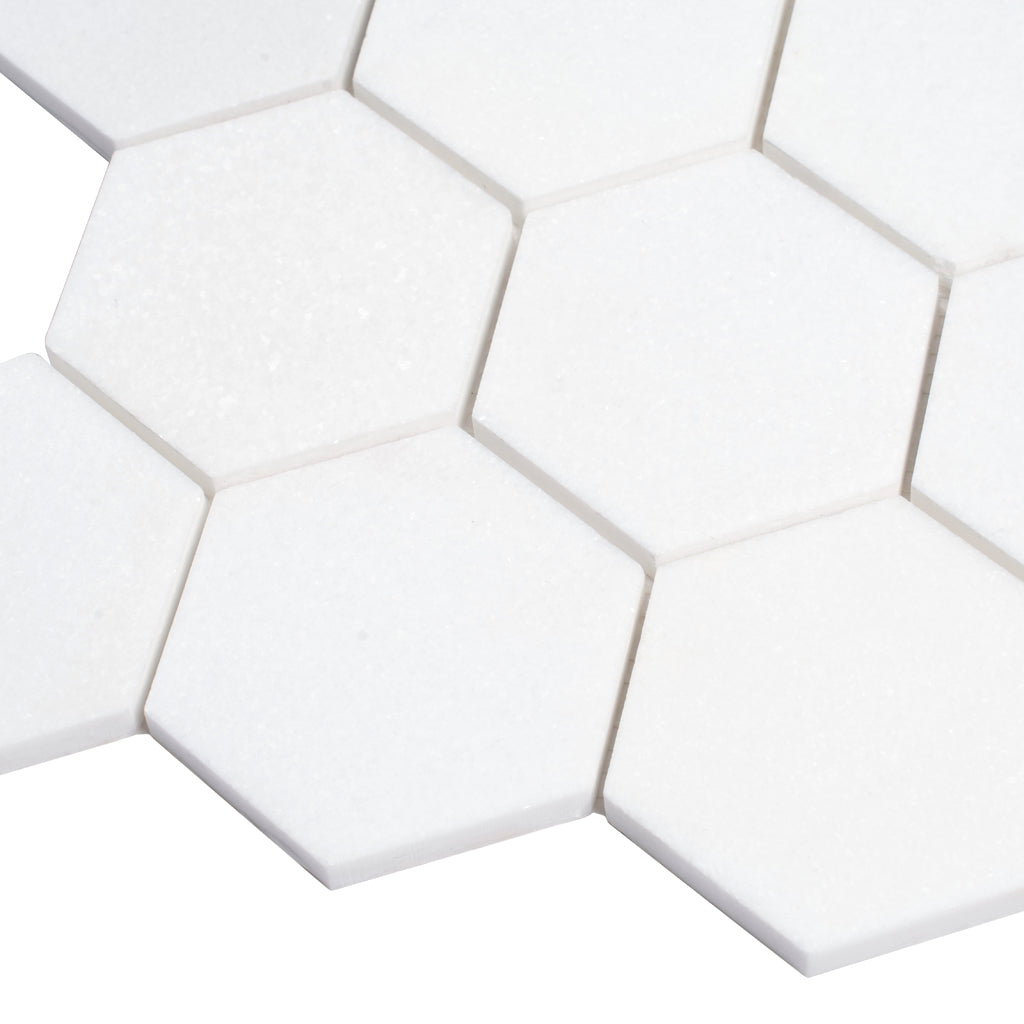Snow White 10x12 Polished Hexagon Thassos Marble Mosaic Tile (5 pack, 4.46 sq ft/case)