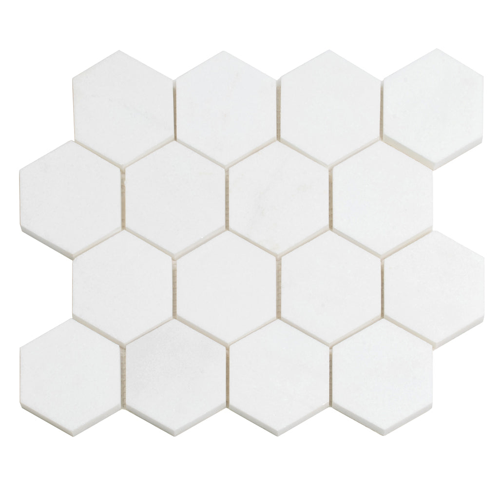 Snow White 10x12 Polished Hexagon Thassos Marble Mosaic Tile (5 pack, 4.46 sq ft/case)