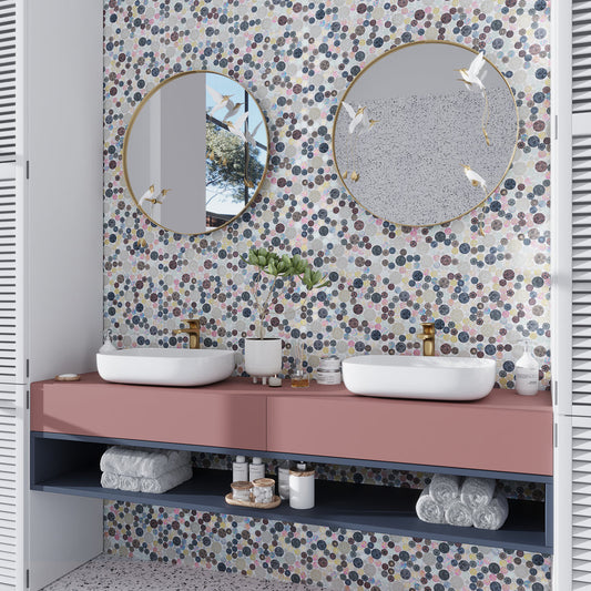 Multicolor 12x12 Glossy Textured Penny Round Glass Resin Mosaic Tile (5 pack, 5 sq ft/case) - Sample