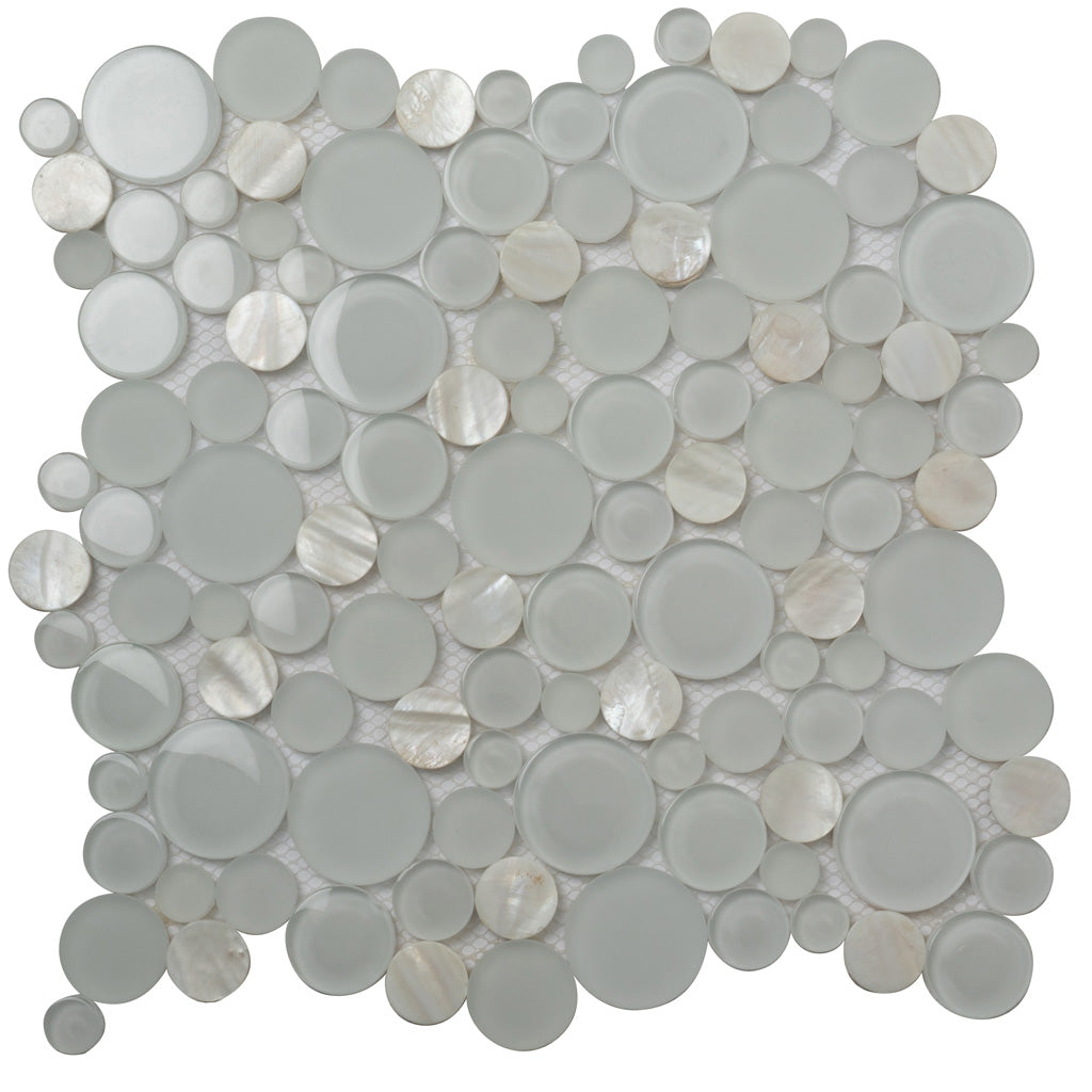 White 12x12 Glossy Matte Penny Round Glass Shell Mother of Pearl Mosaic Tile (5 pack, 4.67 sq ft/case) - Sample
