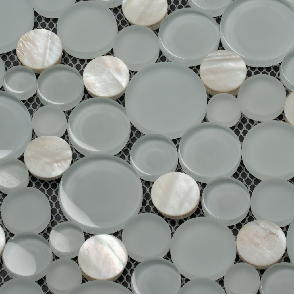 White 12x12 Glossy Matte Penny Round Glass Shell Mother of Pearl Mosaic Tile (5 pack, 4.67 sq ft/case) - Sample