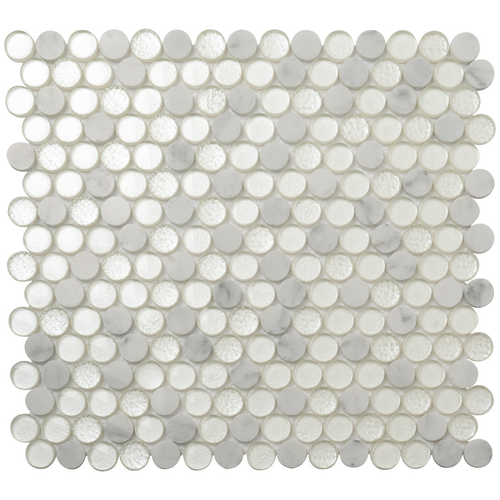 White 12x12 Glossy Penny Round Glass Marble Mosaic Tile (5 pack, 4.83 sq ft/case) - Sample