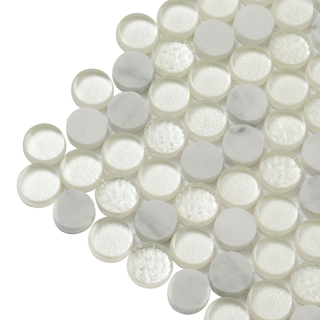 White 12x12 Glossy Penny Round Glass Marble Mosaic Tile (5 pack, 4.83 sq ft/case) - Sample