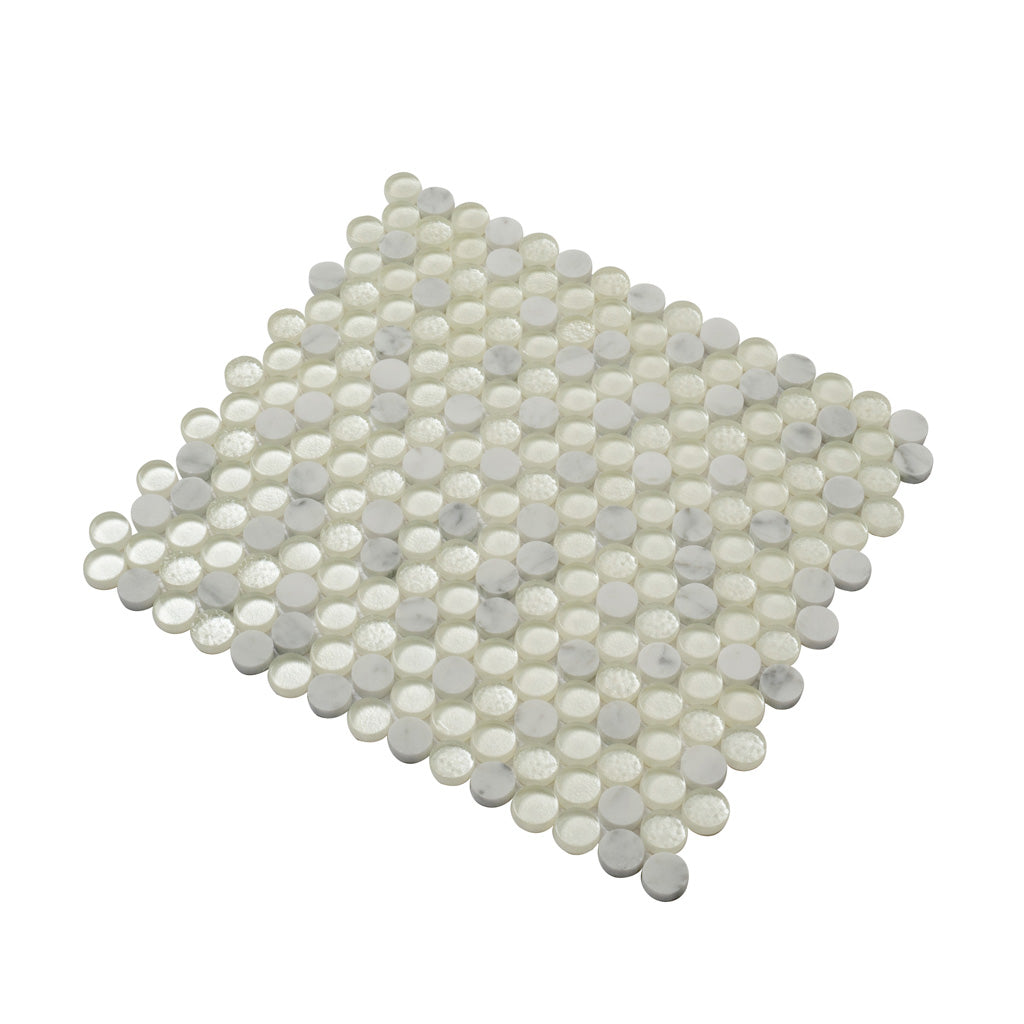 White 12x12 Glossy Penny Round Glass Marble Mosaic Tile (5 pack, 4.83 sq ft/case) - Sample