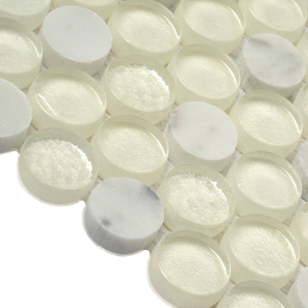 White 12x12 Glossy Penny Round Glass Marble Mosaic Tile (5 pack, 4.83 sq ft/case) - Sample