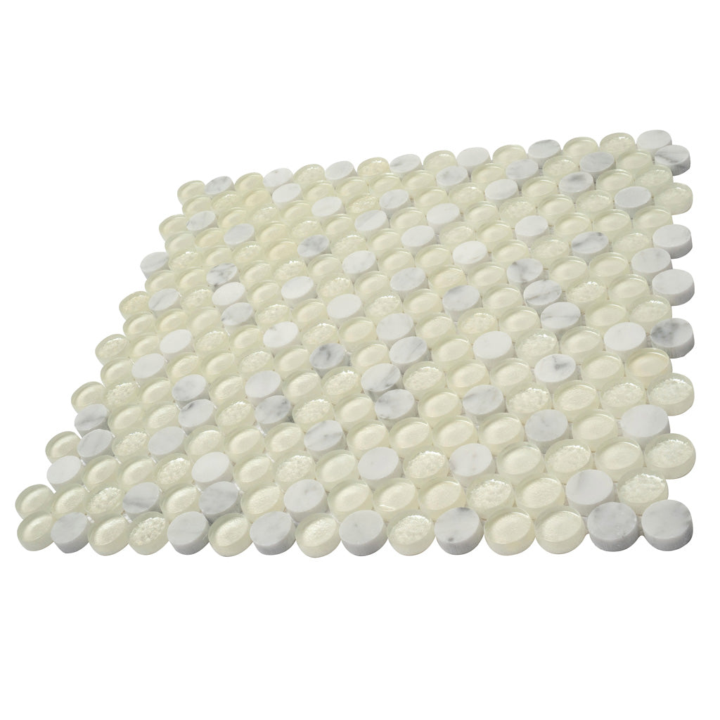 White 12x12 Glossy Penny Round Glass Marble Mosaic Tile (5 pack, 4.83 sq ft/case) - Sample