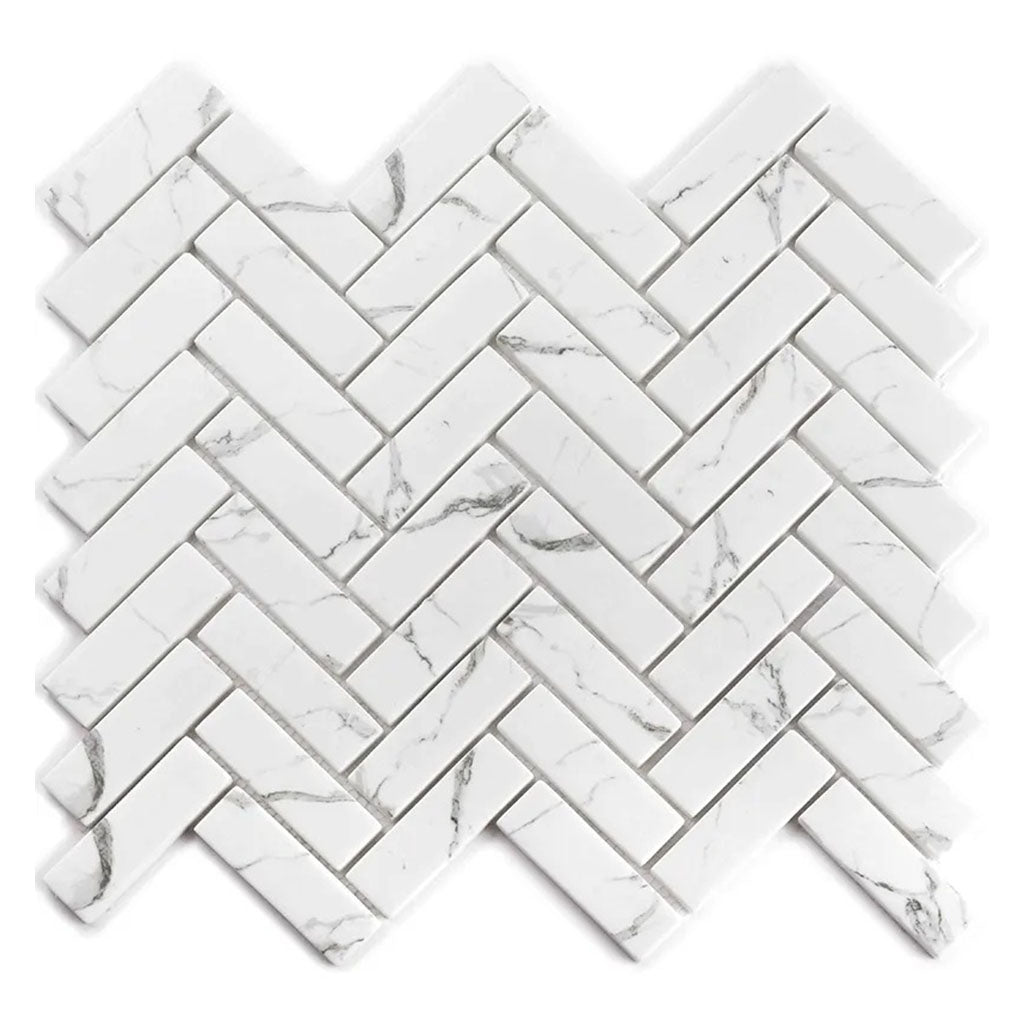 White with Gray Vein 11x13 Polished Herringbone Glass Recycled Glass Mosaic Tile (10 pack, 9.63 sq ft/case) - Sample