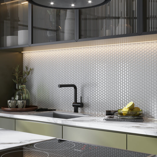 White 12x12 Glossy Penny Round Glass Mosaic Tile (5 pack, 5 sq ft/case) - Sample